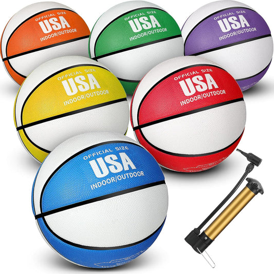6 Pieces Official Size 5 6 7 Basketball Indoor Outdoor Colorful Rubber Basketball Two-Color Printed Basketball with Pump for Game Practice Training Kids Youth Teens Adults